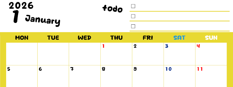 2026年1月カレンダーは横型月曜始まり♪黄色がメインカラーで継続して使いやすいToDoリストつき♪(2026-01400101)