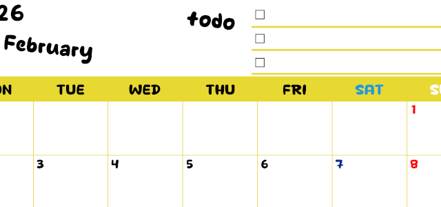 2026年2月カレンダーは横型月曜始まり♪黄色がメインカラーで継続して使いやすいToDoリストつき♪(2026-01400201)
