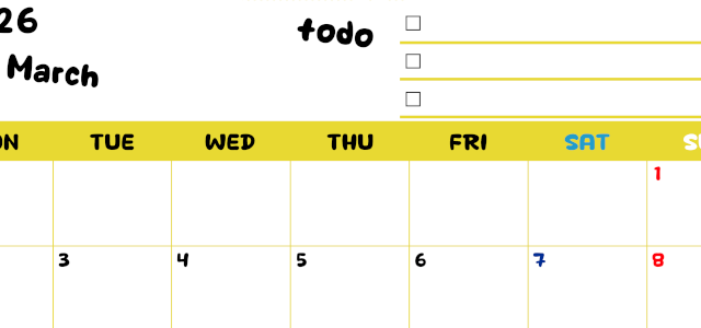 2026年3月カレンダーは横型月曜始まり♪黄色がメインカラーで継続して使いやすいToDoリストつき♪(2026-01400301)