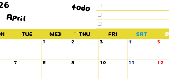 2026年4月カレンダーは横型月曜始まり♪黄色がメインカラーで継続して使いやすいToDoリストつき♪(2026-01400401)