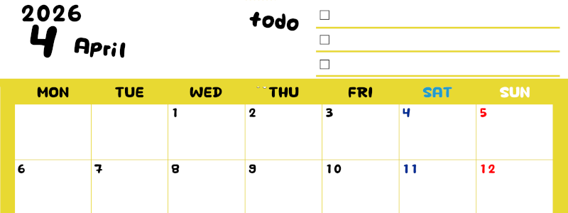 2026年4月カレンダーは横型月曜始まり♪黄色がメインカラーで継続して使いやすいToDoリストつき♪(2026-01400401)