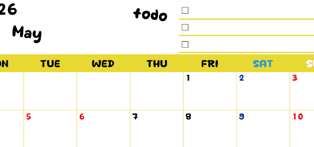 2026年5月カレンダーは横型月曜始まり♪黄色がメインカラーで継続して使いやすいToDoリストつき♪(2026-01400501)