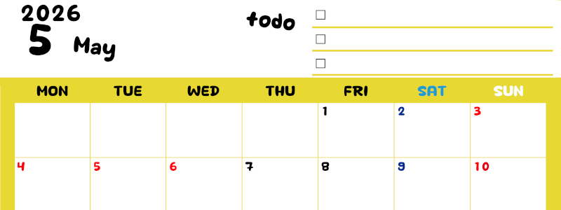 2026年5月カレンダーは横型月曜始まり♪黄色がメインカラーで継続して使いやすいToDoリストつき♪(2026-01400501)