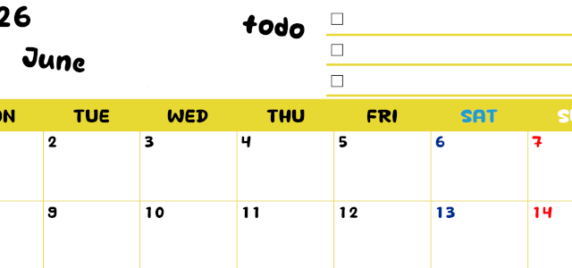 2026年6月カレンダーは横型月曜始まり♪黄色がメインカラーで継続して使いやすいToDoリストつき♪(2026-01400601)