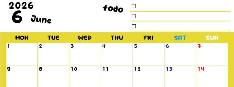 2026年6月カレンダーは横型月曜始まり♪黄色がメインカラーで継続して使いやすいToDoリストつき♪(2026-01400601)