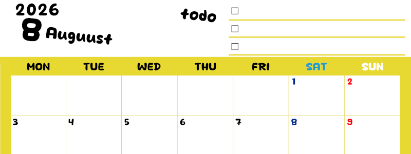 2026年8月カレンダーは横型月曜始まり♪黄色がメインカラーで継続して使いやすいToDoリストつき♪(2026-01400801)