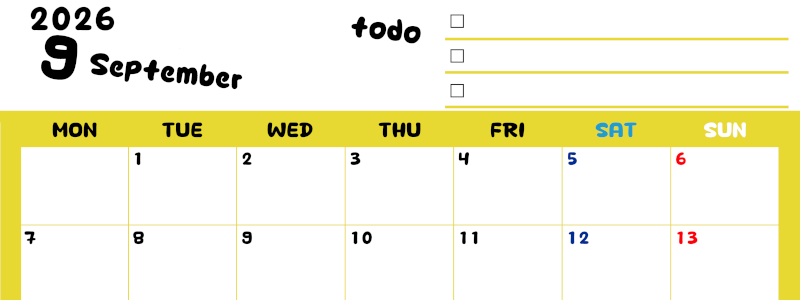 2026年9月カレンダーは横型月曜始まり♪黄色がメインカラーで継続して使いやすいToDoリストつき♪(2026-01400901)