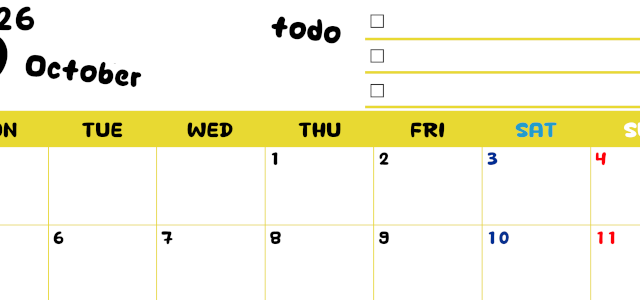 2026年10月カレンダーは横型月曜始まり♪黄色がメインカラーで継続して使いやすいToDoリストつき♪(2026-01401001)