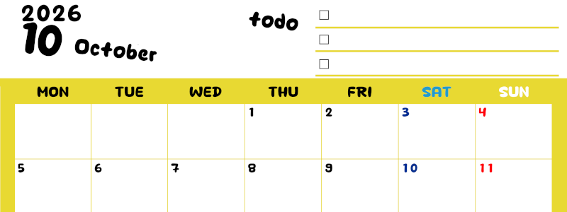 2026年10月カレンダーは横型月曜始まり♪黄色がメインカラーで継続して使いやすいToDoリストつき♪(2026-01401001)