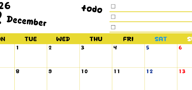 2026年12月カレンダーは横型月曜始まり♪黄色がメインカラーで継続して使いやすいToDoリストつき♪(2026-01401201)