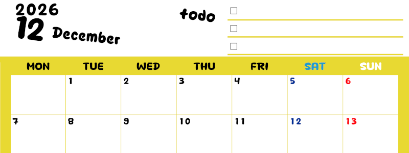 2026年12月カレンダーは横型月曜始まり♪黄色がメインカラーで継続して使いやすいToDoリストつき♪(2026-01401201)