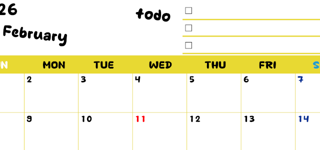 2026年2月カレンダーは横型日曜始まり♪黄色がメインカラーで継続して使いやすいToDoリストつき♪(2026-01400200)