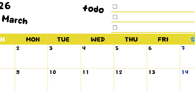 2026年3月カレンダーは横型日曜始まり♪黄色がメインカラーで継続して使いやすいToDoリストつき♪(2026-01400300)