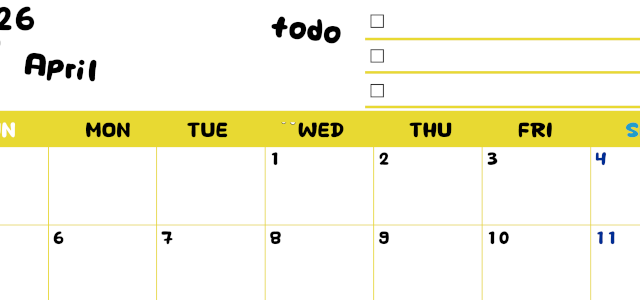 2026年4月カレンダーは横型日曜始まり♪黄色がメインカラーで継続して使いやすいToDoリストつき♪(2026-01400400)
