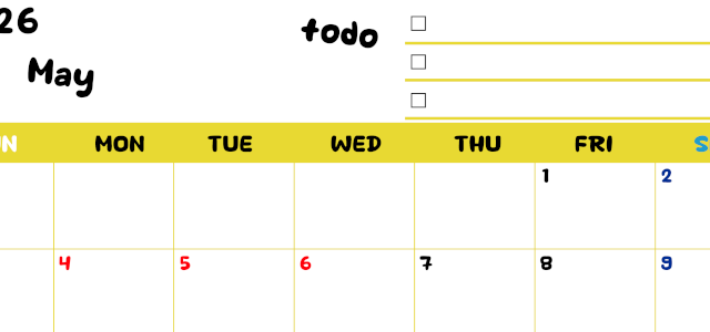 2026年5月カレンダーは横型日曜始まり♪黄色がメインカラーで継続して使いやすいToDoリストつき♪(2026-01400500)