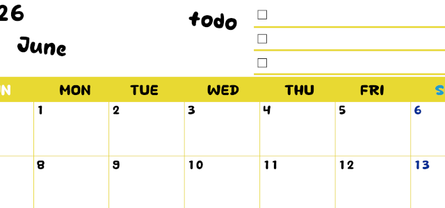 2026年6月カレンダーは横型日曜始まり♪黄色がメインカラーで継続して使いやすいToDoリストつき♪(2026-01400600)