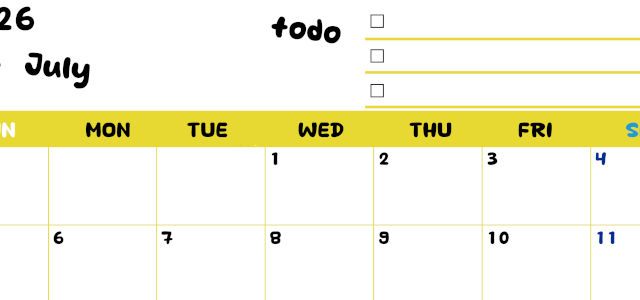 2026年7月カレンダーは横型日曜始まり♪黄色がメインカラーで継続して使いやすいToDoリストつき♪(2026-01400700)
