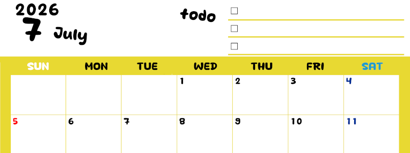 2026年7月カレンダーは横型日曜始まり♪黄色がメインカラーで継続して使いやすいToDoリストつき♪(2026-01400700)