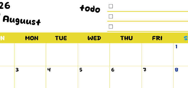 2026年8月カレンダーは横型日曜始まり♪黄色がメインカラーで継続して使いやすいToDoリストつき♪(2026-01400800)