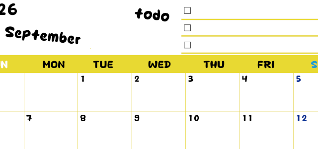 2026年9月カレンダーは横型日曜始まり♪黄色がメインカラーで継続して使いやすいToDoリストつき♪(2026-01400900)