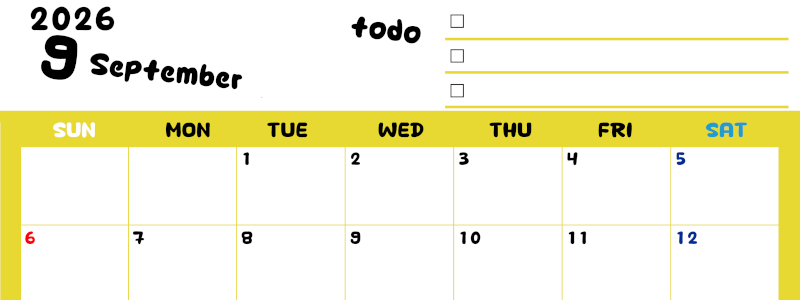 2026年9月カレンダーは横型日曜始まり♪黄色がメインカラーで継続して使いやすいToDoリストつき♪(2026-01400900)