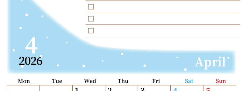 2026年4月カレンダーは縦型月曜始まりでToDoリストつき！毎月色違いで継続の習慣化が簡単！ダウンロード無料(2026-01410411)
