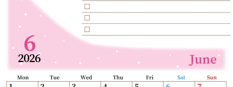 2026年6月カレンダーは縦型月曜始まりでToDoリストつき！毎月色違いで継続の習慣化が簡単！ダウンロード無料(2026-01410611)
