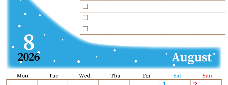 2026年8月カレンダーは縦型月曜始まりでToDoリストつき！毎月色違いで継続の習慣化が簡単！ダウンロード無料(2026-01410811)