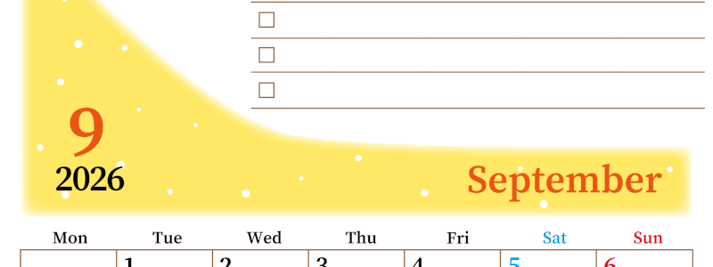2026年9月カレンダーは縦型月曜始まりでToDoリストつき！毎月色違いで継続の習慣化が簡単！ダウンロード無料(2026-01410911)