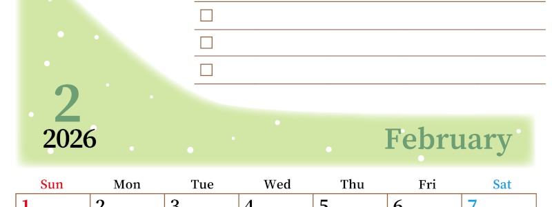 2026年2月カレンダーは縦型日曜始まりでToDoリストつき！毎月色違いで継続の習慣化が簡単！ダウンロード無料(2026-01410210)