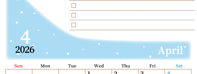 2026年4月カレンダーは縦型日曜始まりでToDoリストつき！毎月色違いで継続の習慣化が簡単！ダウンロード無料(2026-01410410)