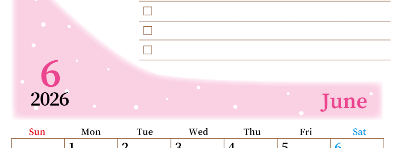2026年6月カレンダーは縦型日曜始まりでToDoリストつき！毎月色違いで継続の習慣化が簡単！ダウンロード無料(2026-01410610)