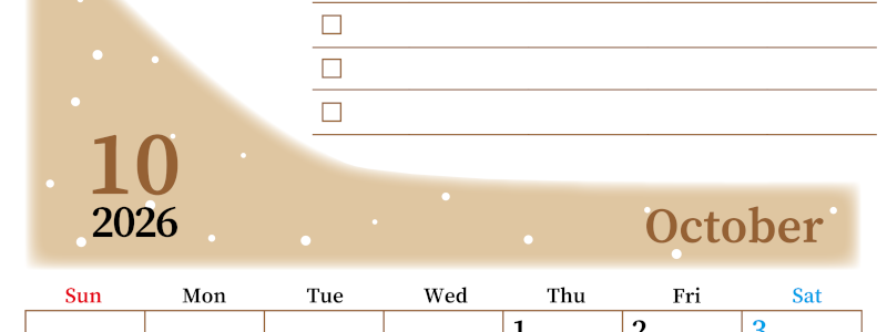 2026年10月カレンダーは縦型日曜始まりでToDoリストつき！毎月色違いで継続の習慣化が簡単！ダウンロード無料(2026-01411010)