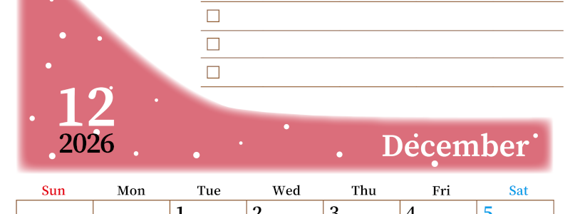 2026年12月カレンダーは縦型日曜始まりでToDoリストつき！毎月色違いで継続の習慣化が簡単！ダウンロード無料(2026-01411210)