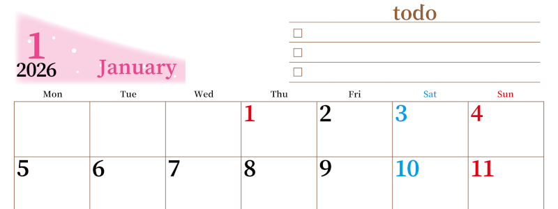 2026年1月カレンダーは横型月曜始まりでToDoリストつき！毎月色違いで継続の習慣化が簡単！ダウンロード無料(2026-01410101)