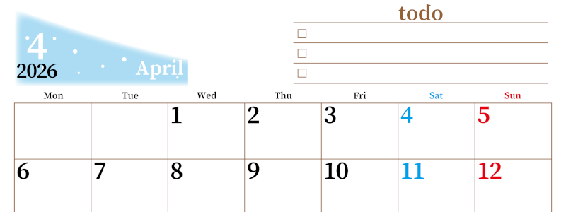 2026年4月カレンダーは横型月曜始まりでToDoリストつき！毎月色違いで継続の習慣化が簡単！ダウンロード無料(2026-01410401)