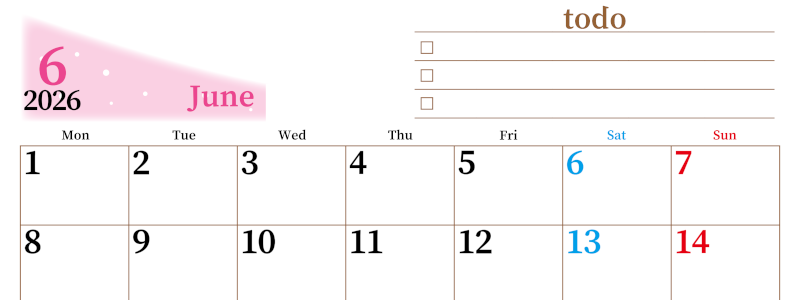 2026年6月カレンダーは横型月曜始まりでToDoリストつき！毎月色違いで継続の習慣化が簡単！ダウンロード無料(2026-01410601)