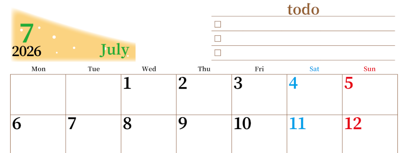 2026年7月カレンダーは横型月曜始まり でベージュの花がおしゃれ：無料(2026-01410701)