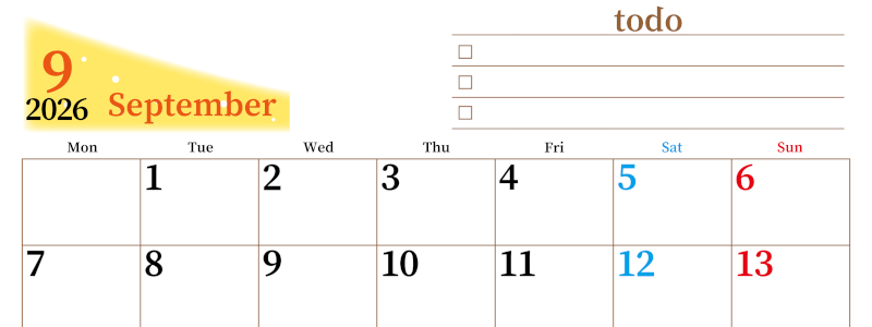 2026年9月カレンダーは横型月曜始まりでToDoリストつき！毎月色違いで継続の習慣化が簡単！ダウンロード無料(2026-01410901)