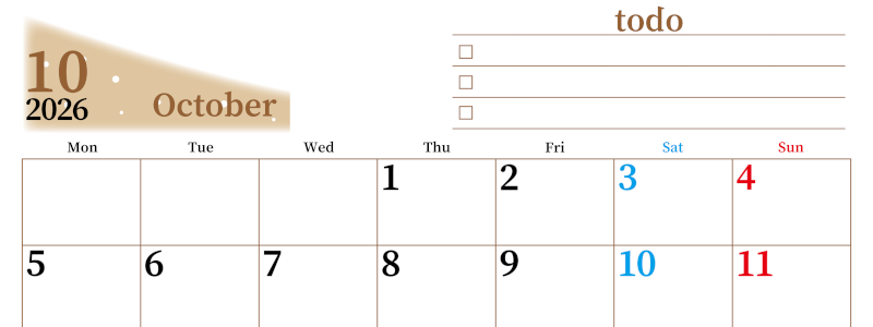 2026年10月カレンダーは横型月曜始まりでToDoリストつき！毎月色違いで継続の習慣化が簡単！ダウンロード無料(2026-01411001)