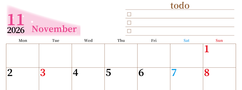 2026年11月カレンダーは横型月曜始まりでToDoリストつき！毎月色違いで継続の習慣化が簡単！ダウンロード無料(2026-01411101)