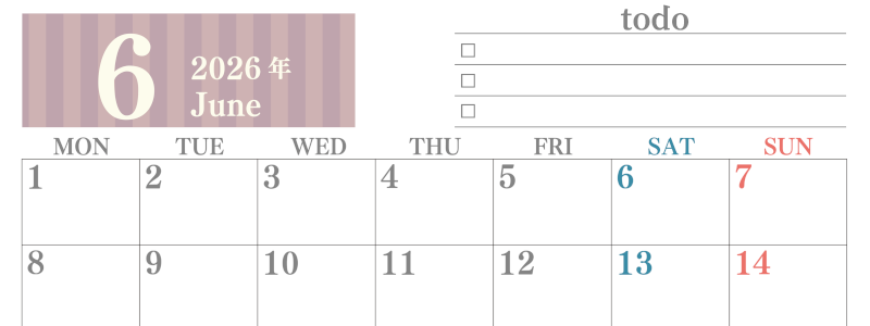 2026年6月カレンダーは横型月曜始まりで使いやすい！勉強の計画におすすめのToDoリストつき：無料(2026-01420601)