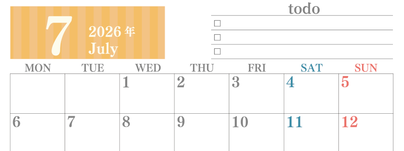 2026年7月カレンダーは横型月曜始まり でベージュの花がおしゃれ：無料(2026-01420701)