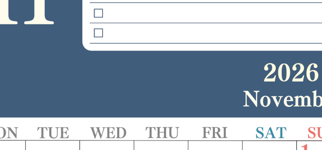 2026年11月カレンダーは縦型月曜始まり！シンプルなToDoリストで勉強効率UP！無料／A4印刷(2026-01431111)