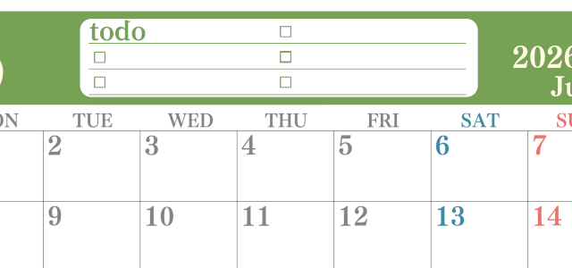 2026年6月カレンダーは横型月曜始まり！シンプルなToDoリストで勉強効率UP！無料／A4印刷(2026-01430601)
