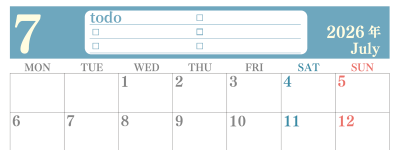 2026年7月カレンダーは横型月曜始まり でベージュの花がおしゃれ：無料(2026-01430701)