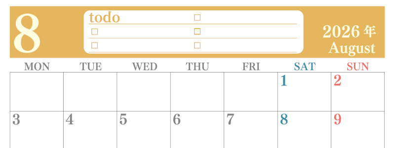2026年8月カレンダーは横型月曜始まり！シンプルなToDoリストで勉強効率UP！無料／A4印刷(2026-01430801)