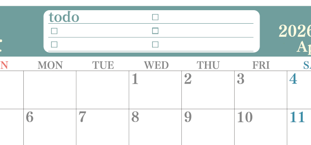 2026年4月カレンダーは横型日曜始まり！シンプルなToDoリストで勉強効率UP！無料／A4印刷(2026-01430400)
