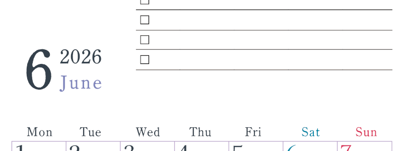 2026年6月カレンダーは縦型月曜始まりで使い方はシンプルなToDoリストつき♪無料ダウンロード・A4印刷(2026-01440611)