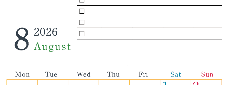 2026年8月カレンダーは縦型月曜始まりで使い方はシンプルなToDoリストつき♪無料ダウンロード・A4印刷(2026-01440811)